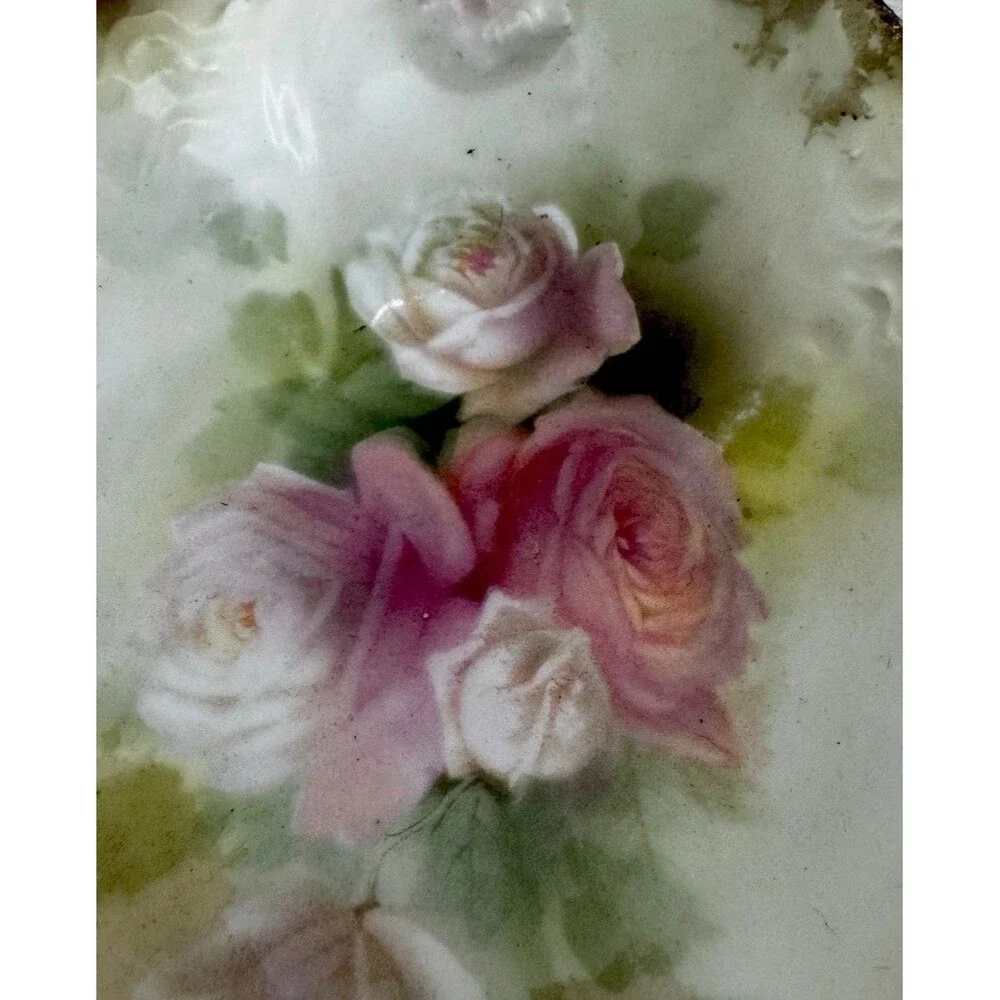 RS Prussia Porcelain Handled Nappy Bowl Dish Pink Roses Relieff Molded Antique